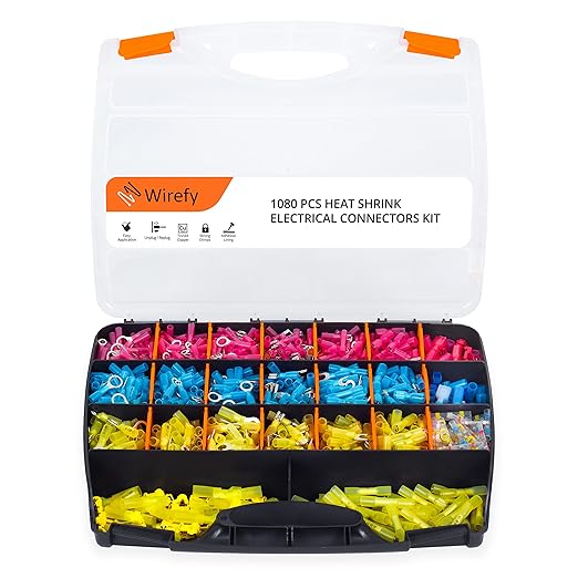 Wirefy Heat Shrink Wire Connectors Kit - Marine Grade Electrical Connectors - Automotive Butt Connectors - Insulated Ring, Spade, Fork, Hook, T-Tap Crimp Terminals - 22-10 Gauge - 1080 PCS