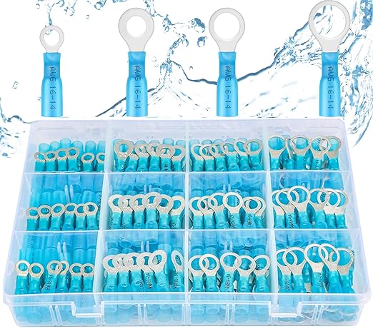 haisstronica 200pcs Blue Marine Grade Heat Shrink Ring Connectors-Tinned red Copper 0.7mm 4 Sizes #10,1/4",5/16",3/8",16-14 Gauge Heat Shrink Wire Connectors-Insulated Crimp Terminals Set