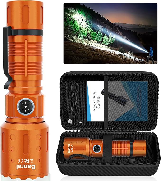 Flashlights High Lumens Rechargeable, Super Bright Long Range Small Powerful Flashlight, 6 Modes LED Tactical Pocket Waterproof Flash Light for Home Emergency (1, Orange)