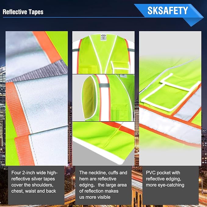 SKSAFETY 10 Pockets Safety Vest, Class 2 High Visibility Security with Zipper Back Mesh, Hi Vis Vest with Reflective Strips, ANSI/ISEA Standard, Construction Work Vest for Men ＆ Women （Lime, XL）