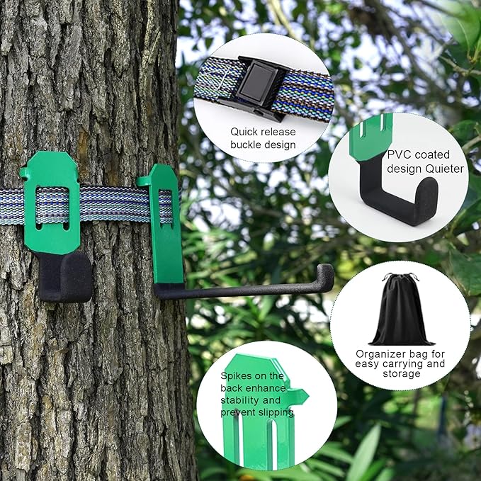 Tree Stand Strap Bow Hangers - Comes with 3 Metal Gear Hooks and 1bow Hanger Archery, for Tree Stand Platform Saddle Hunting Accessories-No Plastic Parts，Storage Bag Included