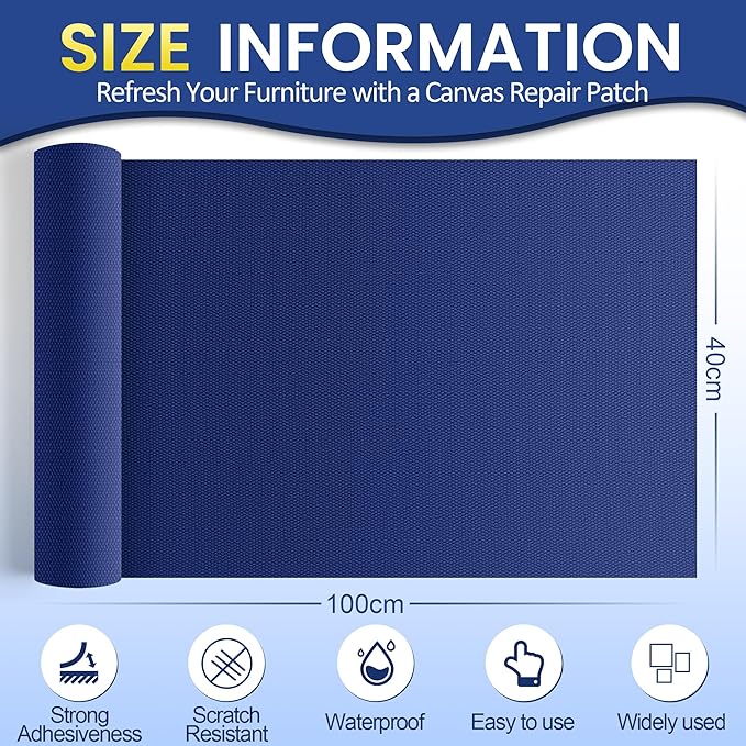 Self-Adhesive Canvas Repair Tape, 16" x 40" Waterproof Canvas Repair Patch, Fabric Patch Repairs Kit for Furniture, Tents, Sunbrellas, Boat Covers Awnings, Couches, Clothes, Bags Royal Blue
