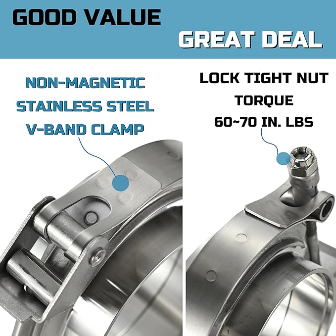 Quick Release Stainless Steel 2.5 V Band Clamp with Male Female V Band Flange for Exhaust, Turbocharger, Turbo or Downpipe, Sold In Pair (2.5''), Silver