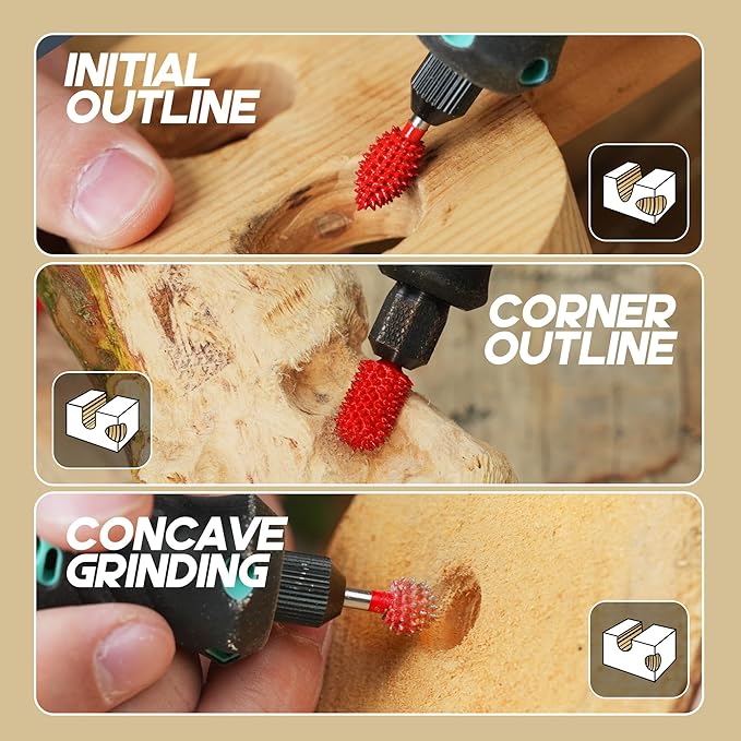 EZARC Tungsten Carbide Rotary Burr Kit, 1/8’’ Shaft Wood Carving Bits, Very Coarse Engraving & Material Removal Tool with Storage Case, 3-Piece