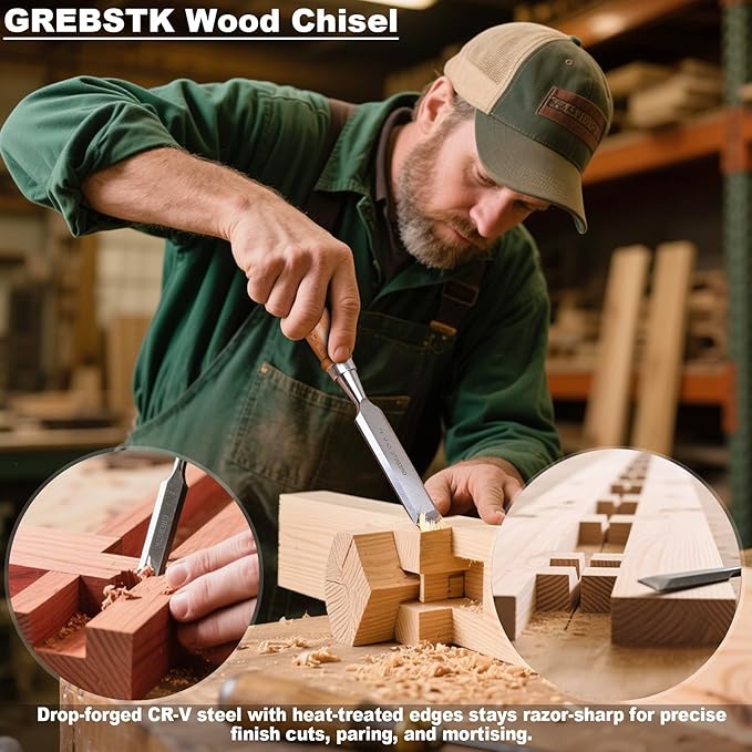 GREBSTK 4 Pcs Wood Chisel Set, CRV Steel Bevel Sharp Edge Bench Chisels with Canvas Bag, Comfortful Beech Handle, for Woodworking and DIY Projects, 9.5"x(1/4", 1/2", 3/4", 1")