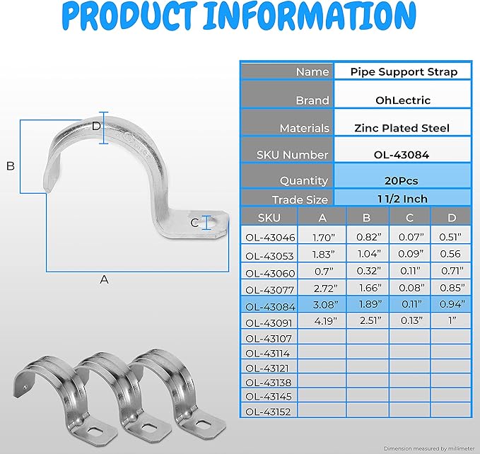 OhLectric OL-43084 Heavy Duty Rigid Pipe Strap - Sturdy One Hole Steel Straps - High-Quality Zinc Plated Steel - Reinforced Rib - Corrosion Resistant - Easy to Install - 1-½ Inches (Pack of 20)