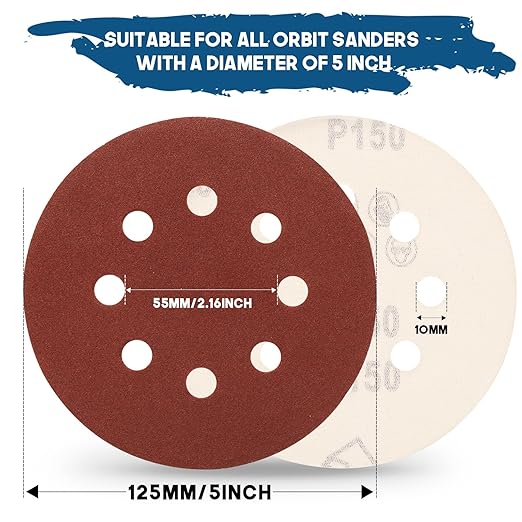 5 Inch 8 Hole Sanding Discs, 150 PCS 150 Grit Hook and Loop Sandpaper, Round Aluminum Oxide Sand Paper Discs for Random Orbital Sander