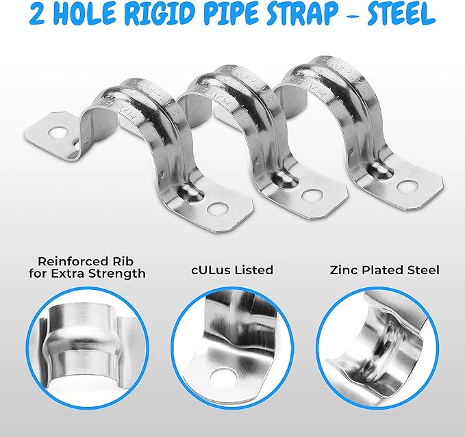 OhLectric OL-43183 Two Hole Rigid Pipe Strap - Sturdy Steel Strap Clamps - Zinc Plated Steel - Reinforced Rib - Corrosion Resistant - Easy to Install - 1 Inch (Pack of 25)