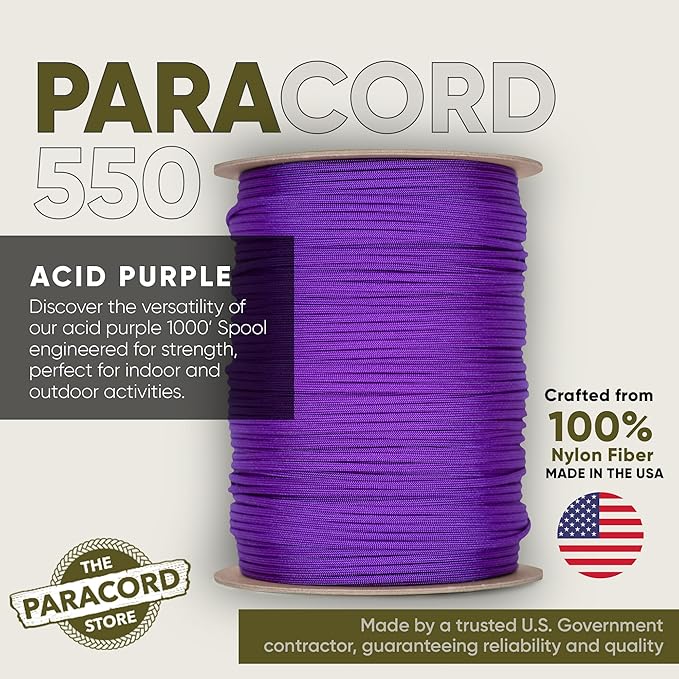 The Paracord Store | Type III 550 Paracord - 250 FT Spool, Acid Purple | Heavy Duty 7 Strand Tactical Paracord - USA Made Nylon Outdoor Parachute Cord for Camping, Fishing & More - Survival Cord