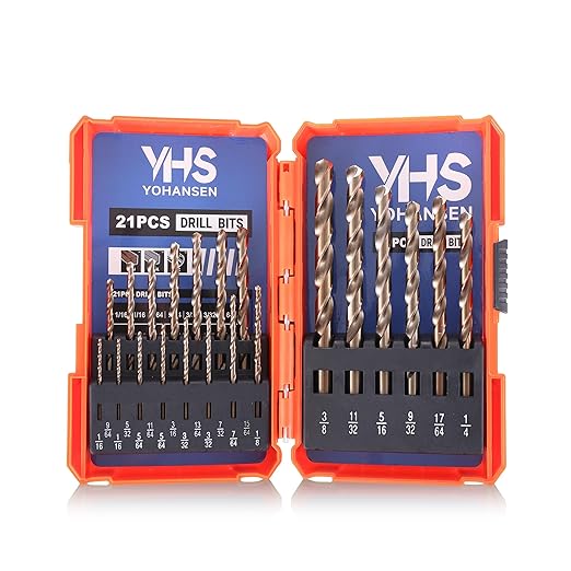 21Pcs Cobalt Drill Bit Set (1/16"-3/8"), M35 High Speed Steel, Twist Jobber Length for Hardened Metal, Stainless Steel, Cast Iron, Wood, and Plastics, with Metal Index Storage Box