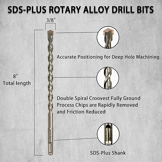 Direko 5-Piece 3/8 inch x 8 Inch SDS Plus Rotary Hammer Drill Bits Carbide Tipped Concert Drill Bits for Concrete, Brick, Cement Walls, Stone, Hammer Drill Bits for Concrete