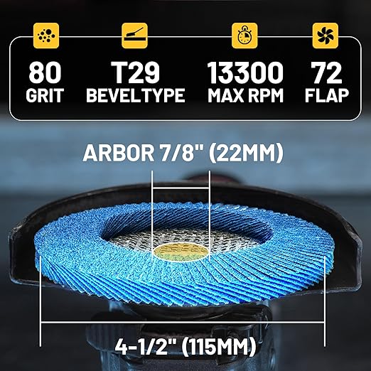 TOLESA Flap Discs 4 1/2 for Angle Grinder, 80 Grit Type 29 Zirconia Grinding Disc for Stainless Steel, Sheet Metal, Cast Iron (24 Pack)
