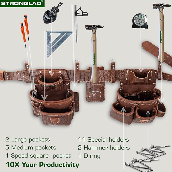 STRONGLAD Leather Carpenter Tool Belt - Top-Grain with 21 Pockets-Heavy Duty Framing Tool Belt & Carpenter Bags for Construction PR1000