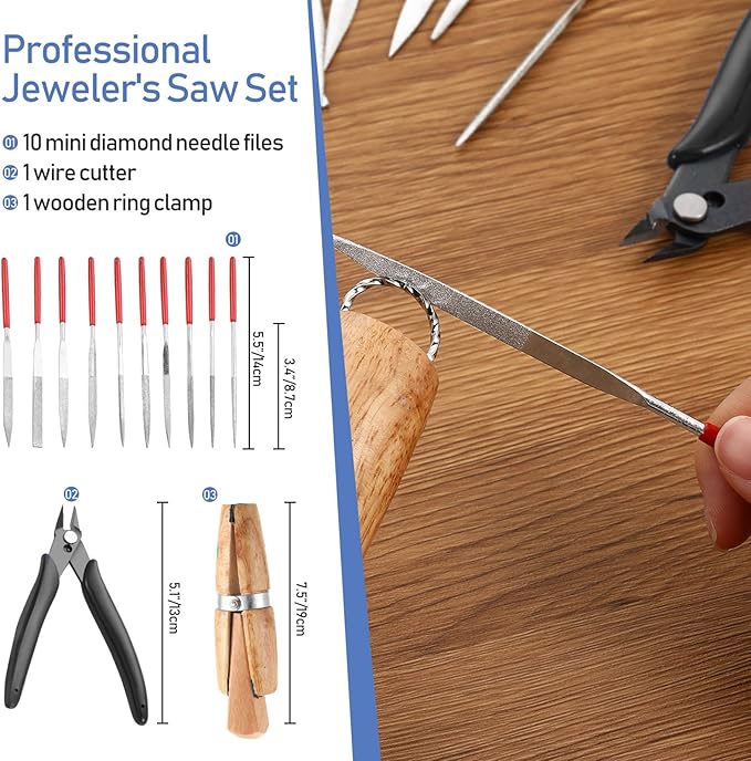 Jewelers Tools Set Including Jeweler Saw Frame Bench Pin Clamp Diamond Needle File Wooden Ring Clamp and Ring Sizer Mandrel Measuring Tool Jeweler's Mallet Hammer Stick for Jewelry Making