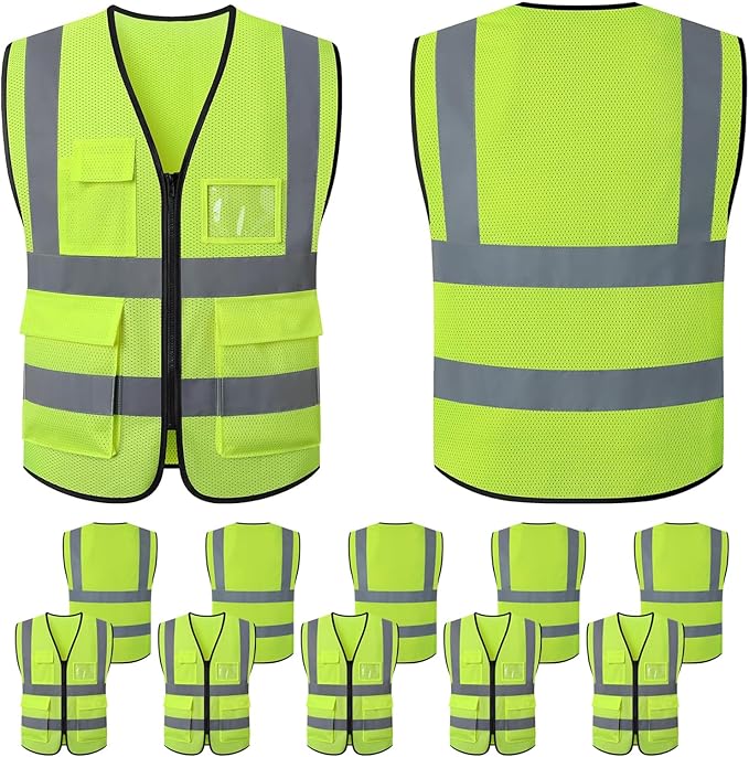Reflective Safety Vest Bulk Construction Worker Costume Utility High Visibility Vest with Pocket,for Men Women-L size