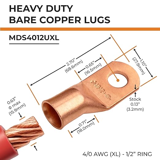 SELTERM 2pcs 4/0 AWG (XL) 1/2" Stud Copper Wire Lugs, Ring Terminals, Battery Cable Ends, 0000 Gauge Ring Terminal Connectors, UL Heavy Duty Bare Copper Eyelets