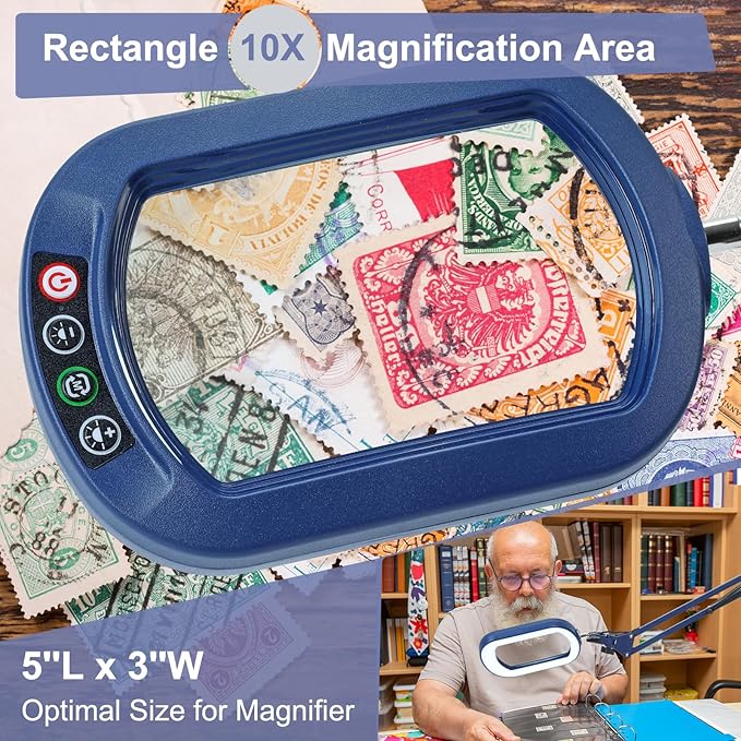 10X Rectangle Magnifying Glass with Light and Clamp, 5 Color Modes Stepless Dimmable, Lighted Magnifier with Stand Hands Free, Flexible Swing Arm LED Desk Lamp for Close Work, Craft, Reading - Blue