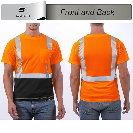 sesafety Hi Visibility Shirts for Men, Safety Shirts with Reflective Strips Class 2, Hi Vis Construction Work Shirt with Pocket Orange XL