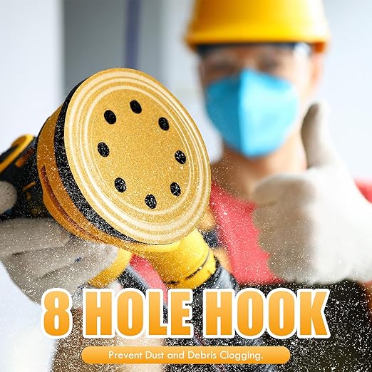 Maxdot 200 Pcs 5 Inch Sanding Discs 8-Hole Hook and Loop Gold Sandpaper, 60-Grit for Random Orbit Sander
