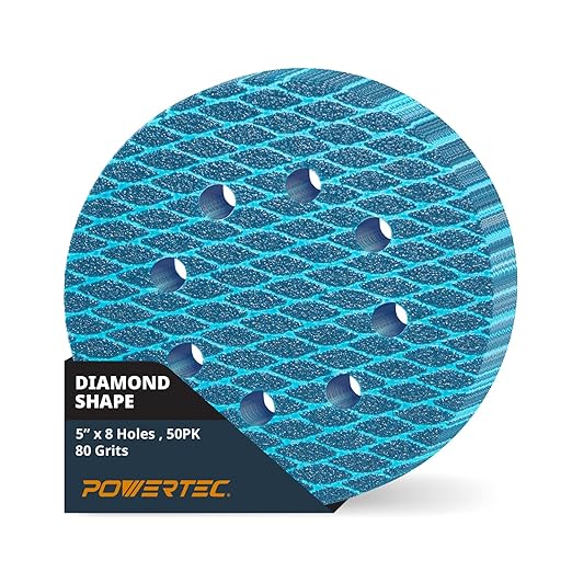 POWERTEC 5 Inch 8-Hole Hook and Loop Diamond Shaped Sanding Discs, 50PK, 80 Grit for Random Orbital Sanders – J-Weight Cloth Backing for Long Life, Anti-Clog Sandpaper (44908)