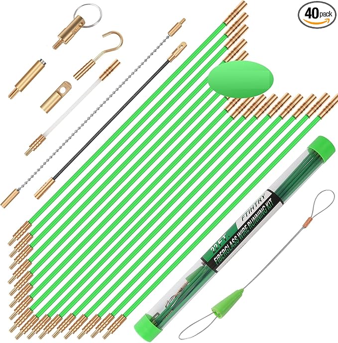 45FT Fiberglass Running Electrical Wire Cable Glow Rods Wire Pulling, Fish Rods Electrical Kit with 8 Different Attachments and Fish Tape Wire Puller Kit