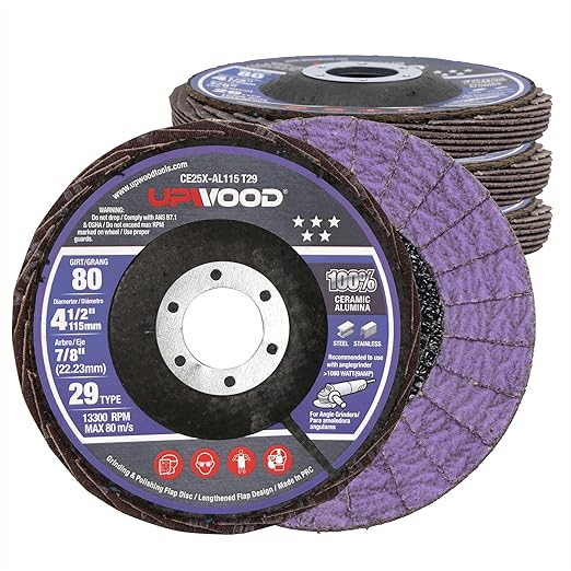 5-Pack 4.5" x 7/8" Ceramic Flap Disc, 80 Grit, Bevel Type #29, Premium Industrial Grade, High-Performance Angle Grinder Grinding Wheel for Edge Grinding - Purple