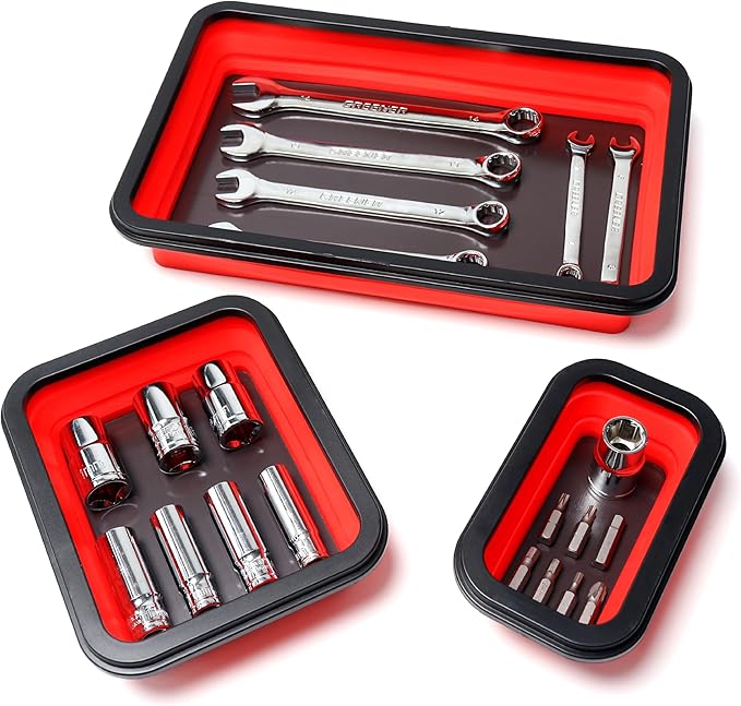 Collapsible Magnetic Parts Tray Set, Magnetic Tray for Mechanic's, 3 Different Size Tool Trays for Small Metal Parts, Cool Mechanic Tools, Cool Gifts for Mechanic (Red)