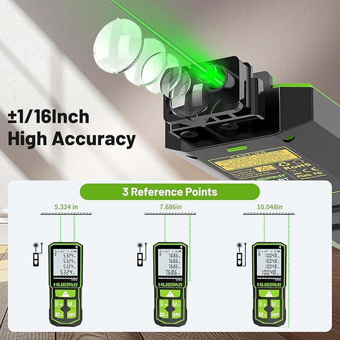 200ft Laser Measuing Tool with Bluetooth APP, Huepar Rechargeable Green Beam Laser Distance Meter ±1/16" High Accuracy, Multiple Measurement Modes, IP54 Durable for Home & Construction