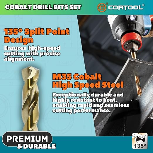 1/2 inch Cobalt Drill Bits (6Pcs), M35 HSS Metal Jobber Length Twist Drill Bit Set for Hard Metal, Stainless Steel, Iron, Copper, Aluminium, Brass, Plastic & Wood