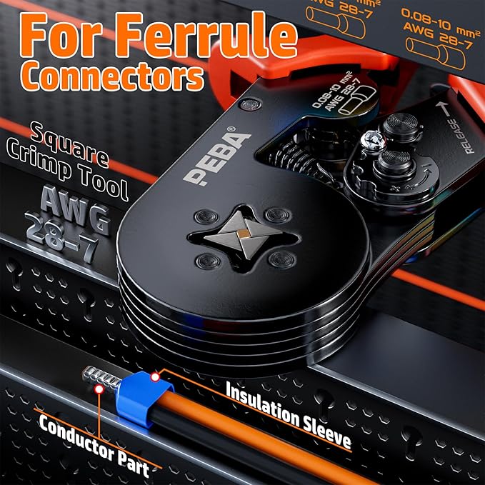 PEBA Ferrule Crimping Tool Kit - 21 Sizes Ferrule Kit & AWG 28-7 Self-Adjusting Square Crimper for Effortless Electrical Wire Ferrules | Ratchet Crimping Tool - Wire Ferrules Connections Kit