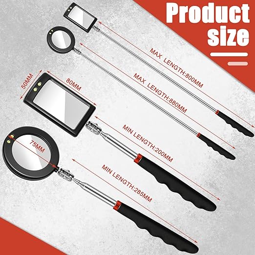 Tatuo 4 Pieces LED Mirror Inspection Telescoping Round Square Mirror Inspection Tool for Check The Condition of Vehicle, Observe The Eyelashes, Mouth and Other Small Parts
