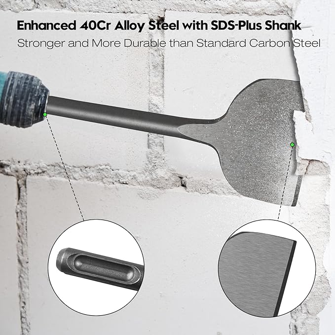 4Pcs SDS Plus Chisels Set, 3” x 10”Flat & 20° Bent Tile Removal Bits， Point & 0.8” x 10”Narrow Flat Chisel in 40Cr Alloy Steel, Fits Most Rotary Hammers & Impact Drills