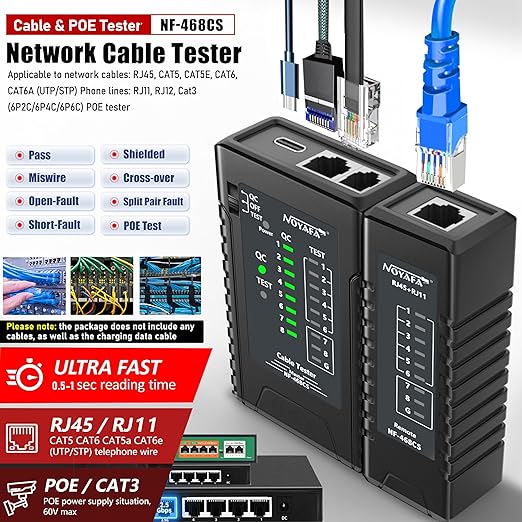 NF-468CS Network Cable Tester,RJ45/RJ11/CAT5/CAT6/CAT5E/CAT6A/ CAT7/POE Test UTP/STP Continuity Tester Ethernet Cable Mapper Phone Line CAT3, Ethernet Cable Tester, LAN Cable Test Network Tools