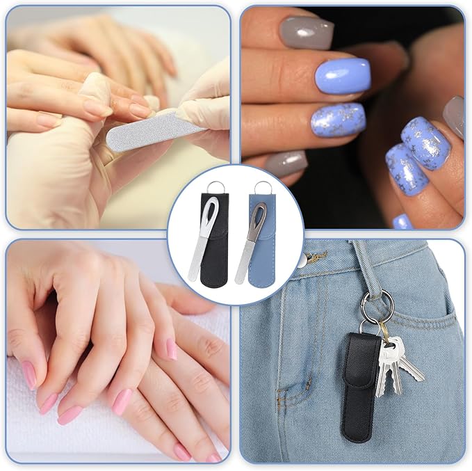 2 Pcs Stainless Steel Nail File,Metal Nail Files for Natural Nails,3.5IN Diamond Round Tip Stainless Steel Double Metal Nails File with Leather Sheath Travel (Black,Blue