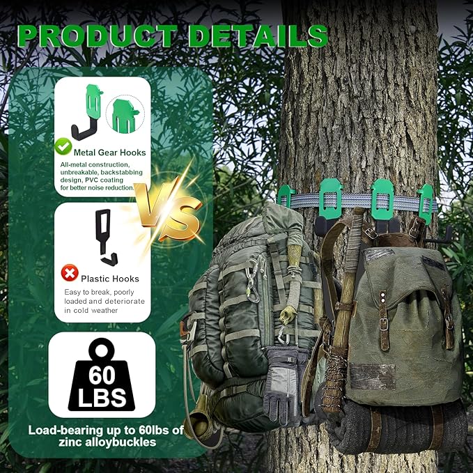 Tree Stand Strap Bow Hangers - Comes with 3 Metal Gear Hooks and 1bow Hanger Archery, for Tree Stand Platform Saddle Hunting Accessories-No Plastic Parts，Storage Bag Included