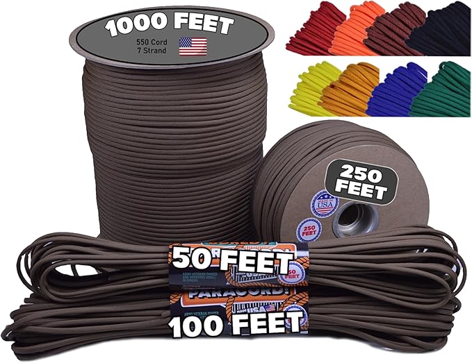 BORED? PARACORD! 550 lb Paracord - Ideal for Crafting, Camping, DIY Projects, Active & Military Outdoors - Strong Survival Rope - Tactical Parachute Cord Type III - Coyote Brown 100 Feet