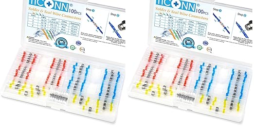 TICONN 100 Pcs Solder Seal Wire Connectors, Heat Shrink Butt Connectors, Waterproof and Insulated Electrical Wire Terminals, Butt Splice (100PCS) (Pack of 2)