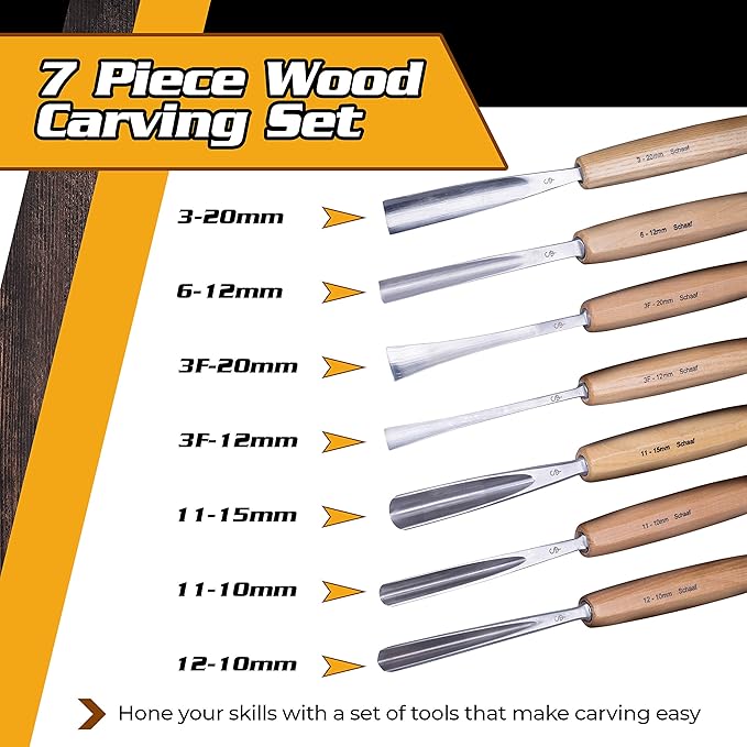 Hand-Sharpened Wood Carving Tools Set of 7 Chisels and Gouges with Canvas Case, Razor Sharp CR-V 60 Steel Woodworking Tools, High-Quality Wood Carving Chisel Set for Beginners from Schaaf Tools