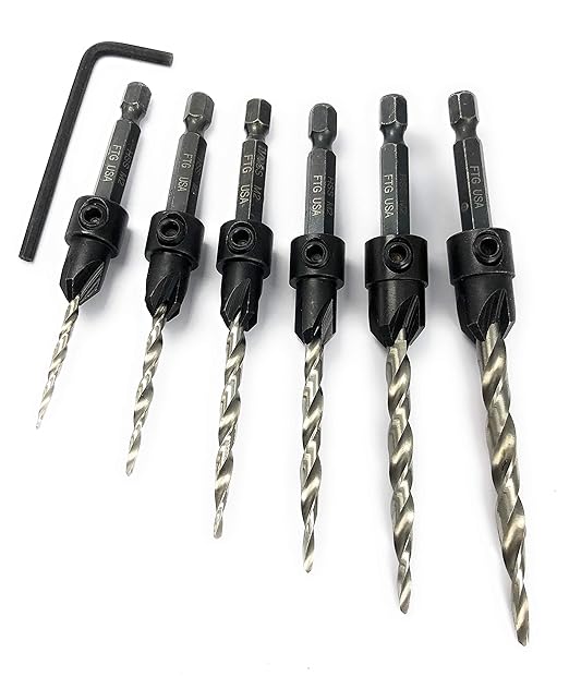 FTG USA Adjustable Wood Countersink Drill Bit Set 6 Sizes #4 to #14 Set with Tapered Drill Bits for Woodworking