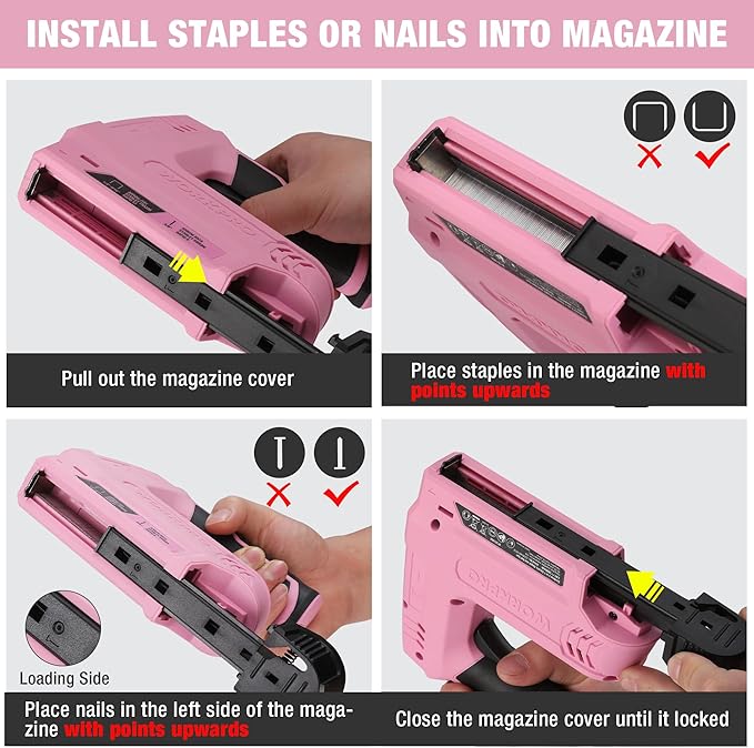 WORKPRO Electric Staple Gun, 2-in-1 Brad Nailer Electric with 2000PCS Staples Nails & USB Charger, 3.6V Staple Gun for Upholstering, Crafts, Carpentry, DIY, Pink Ribbon