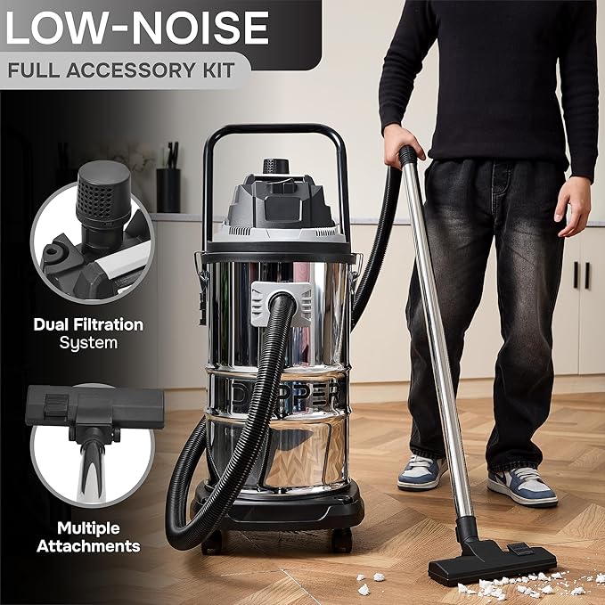 16 Gallon 4.5 Peak HP Wet/Dry Vacuum, Stainless Steel Tank, 3 in 1 Function Portable Shop Vacuum with Attachments, Ideal for Jobsite, Garage & Workshop.
