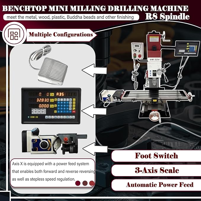 Benchtop Mini Milling Drilling Machine 1500W Brushless Mill Drill with X-Axis Power Feed,3-Axis Grating Ruler,±90° Spindle,50-2250 RPM for Metal/Wood/Plastic Working R8 Spindle 110V