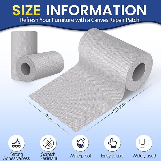 Self-Adhesive Canvas Repair Tape, 4" x 79" Waterproof Canvas Repair Patch, Fabric Patch Repairs Kit for Furniture, Tents, Sunbrellas, Boat Covers Awnings, Couches, Clothes, Bags Light Grey