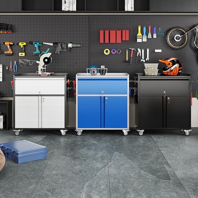Aobabo Metal Cabinet with Wheels, Metal Garage Cabinet with 1 Drawer and 4 Hooks, Small Rolling Tool Storage with Pegboard and Handle, Assembly Required, Blue Grey