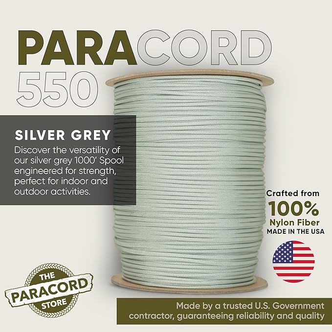 The Paracord Store | Type III 550 Paracord - 1000 FT Spool, Silver Grey | Heavy Duty 7 Strand Tactical Paracord - USA Made Nylon Outdoor Parachute Cord for Camping, Fishing & More - Survival Cord