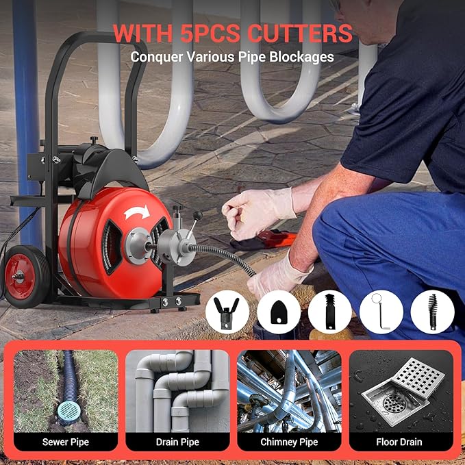 Drain Cleaning Machine 100Ft 3/4 Inch Cable, 750W Auto Feed Portable Electric Sewer Snake, Electric Drain Auger with 6 Cutter Air-Activated Foot Switch for 4" to 8" Pipes