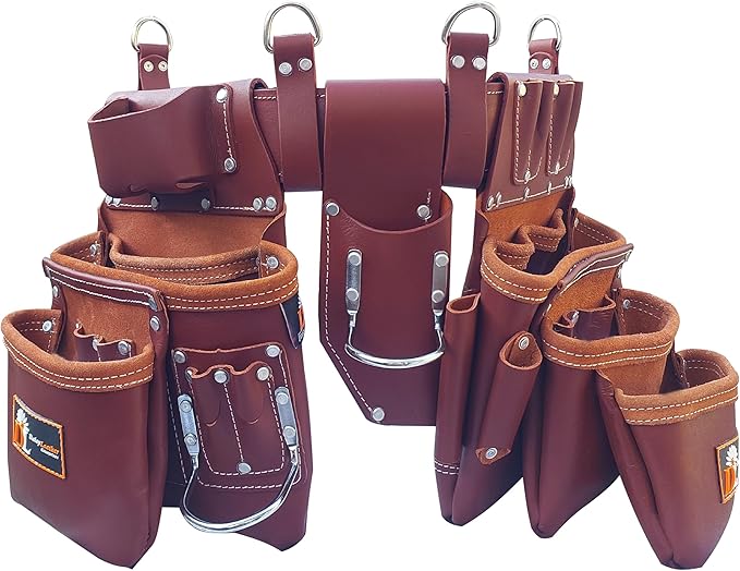 Daisy Leather PRO DL-101 Oil tanned Premium 25 pockets Heavy duty Tool Belt, Carpenter belt Pouch for Construction, Carpenter, Craftsman and Electricians workers, Black, X-Large (Cherry Leather)
