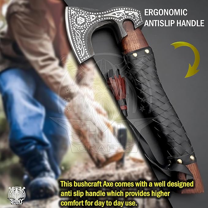 SHINY CRAFTS-Viking Axe Bearded Axe Tomahawk Birthday Gifts-Viking Axe Real, Bearded Axe Real Hatchet Russian Valknut Wood Working Tool with Premium Leather Sheath (SCA-10)