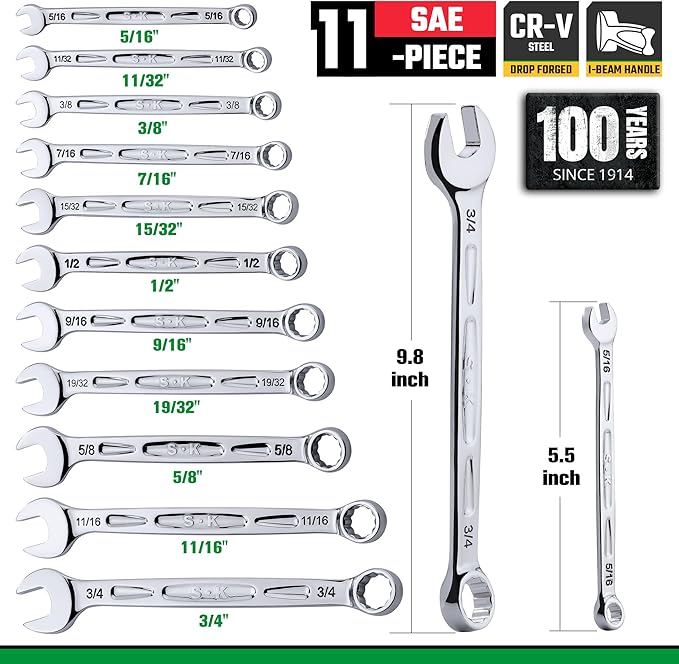 SK Combination Wrench Set, SAE 5/16" to 3/4", 11-Piece, SuperKrome Finish, Premium CR-V Construction, with Rolling Pouch