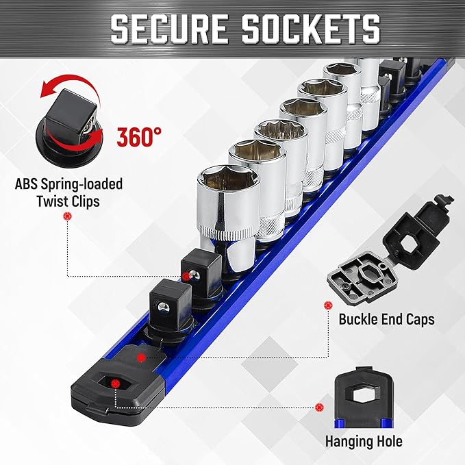 ALOANES 1/4-Inch Drive Magnetic Socket Organizer, Heavy Duty Aluminum Socket Rail Organizer, 360° Swivel Clips Socket Holder Kit for Tool Box, 1/4-Inch Socket Holder x 14 Clips (Blue)